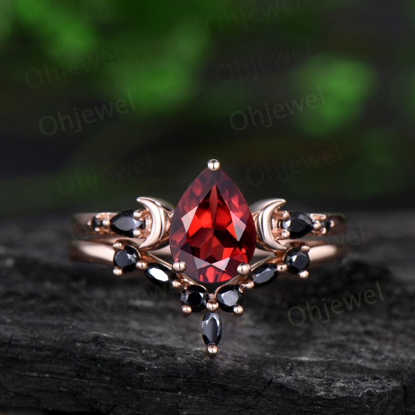 Pear shaped red garnet engagement ring set 14k rose gold marquise black spinel moon five stone stacking wedding ring set women gemstone