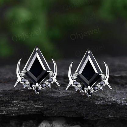 Vintage kite cut black onyx earrings solid 14k 18k rose gold unique moon cluster black spinel stud earrings women wedding anniversary gift