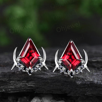 Vintage kite cut red ruby earrings solid 14k 18k rose gold unique moon cluster black spinel stud earrings women gemstone anniversary gift