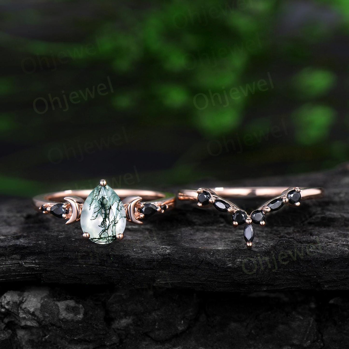 Pear cut moss agate moon engagement ring dainty marquise black spinel ring solid 14k rose gold unique promise bridal ring set women jewelry