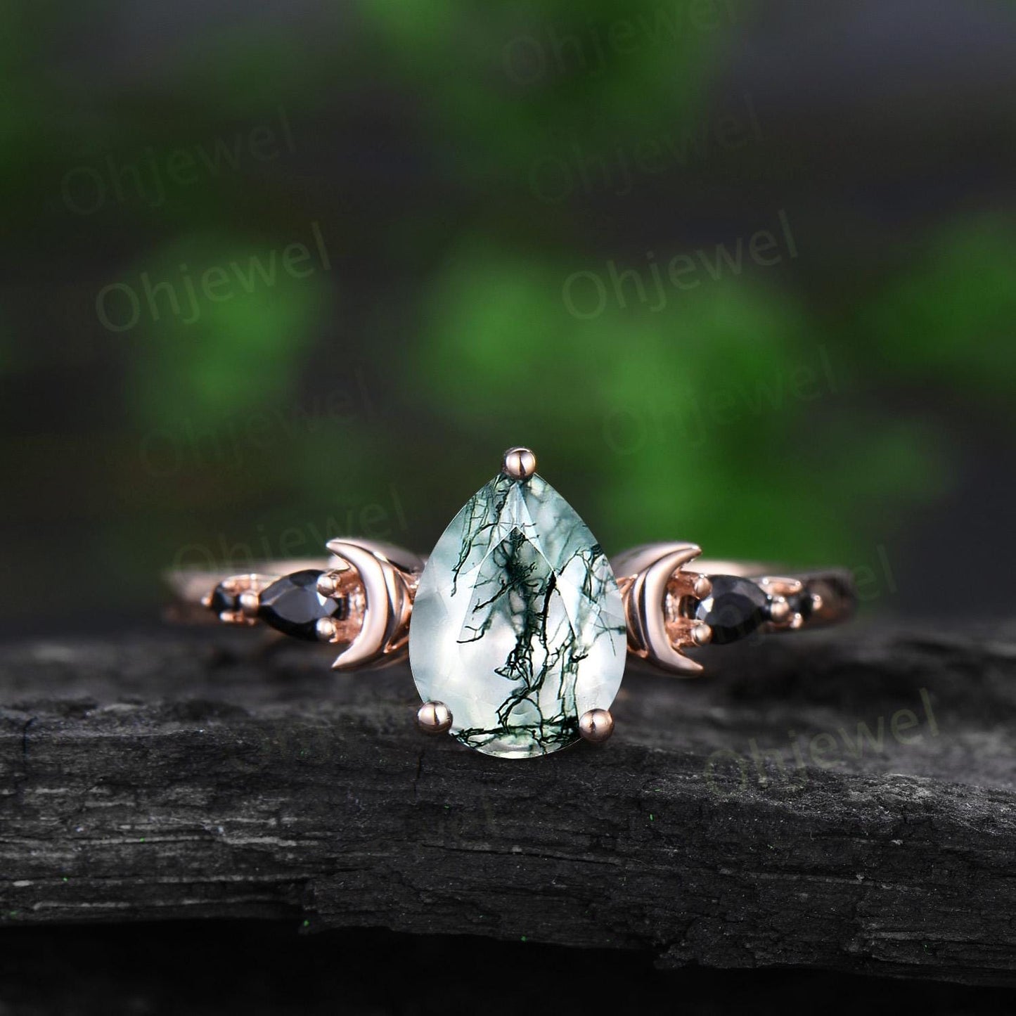 Pear cut moss agate moon engagement ring dainty marquise black spinel ring solid 14k rose gold unique promise bridal ring set women jewelry