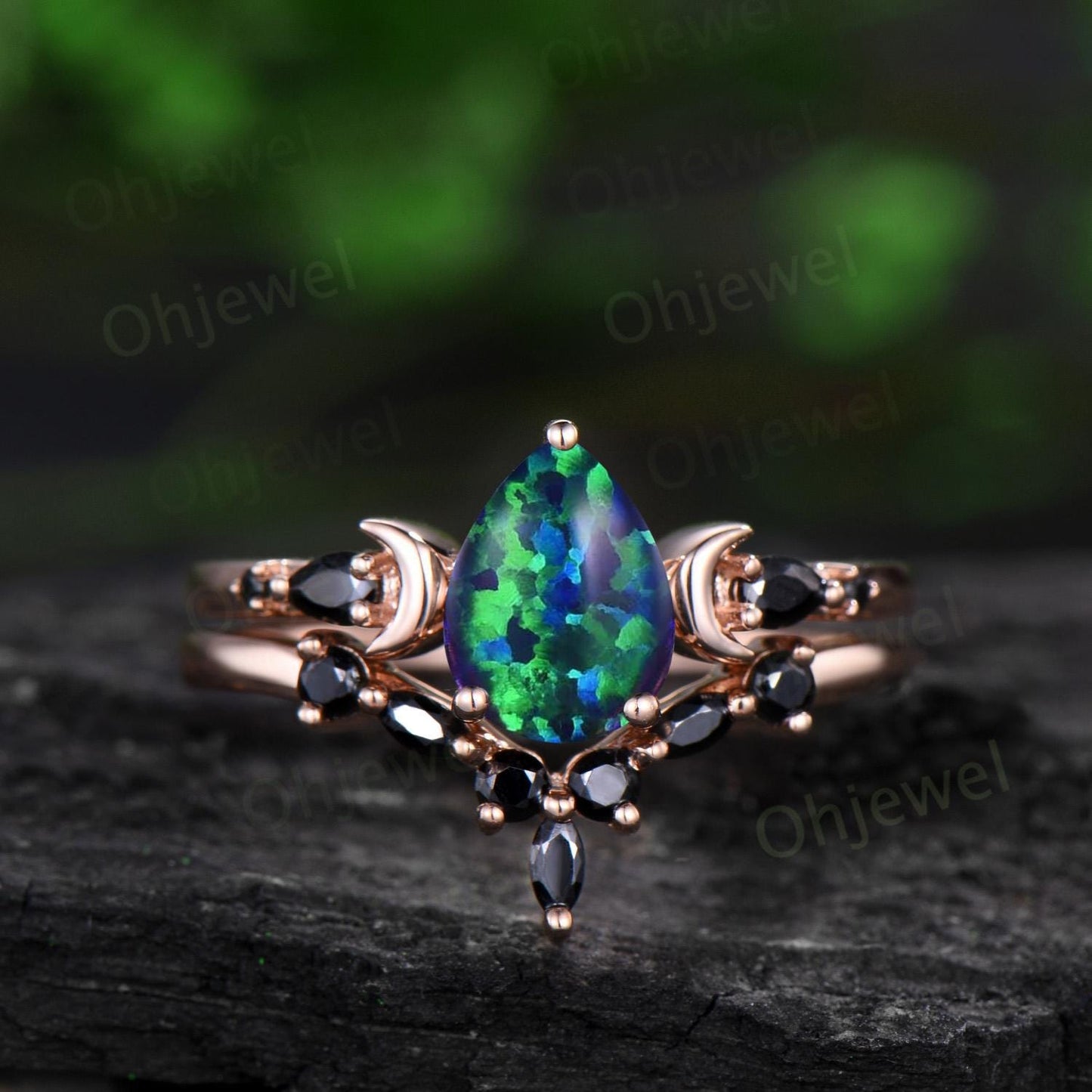 Pear black opal moon engagement ring women antique marquise black spinel ring rose gold unique anniversary gift 925 sterling silver