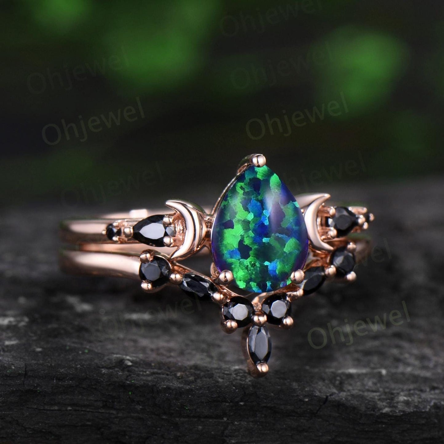 Pear black opal moon engagement ring women antique marquise black spinel ring rose gold unique anniversary gift 925 sterling silver