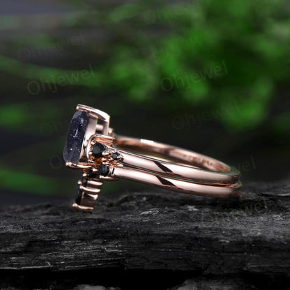 Oval cut blue sandstone ring vintage rose gold blue goldstone moon engagement ring set marquise black spinel anniversary gift