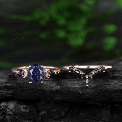 Oval cut blue sandstone ring vintage rose gold blue goldstone moon engagement ring set marquise black spinel anniversary gift