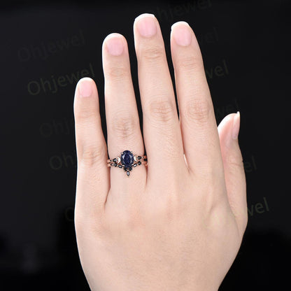 Oval cut blue sandstone ring vintage rose gold blue goldstone moon engagement ring set marquise black spinel anniversary gift