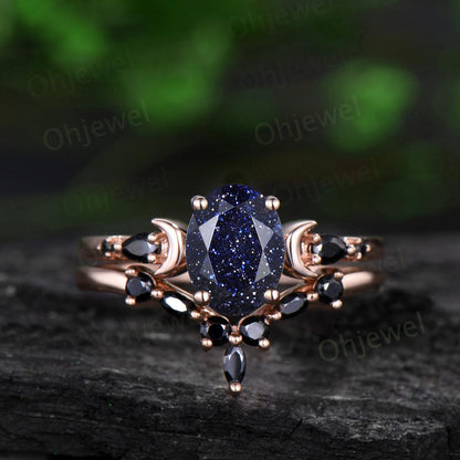 Oval cut blue sandstone ring vintage rose gold blue goldstone moon engagement ring set marquise black spinel anniversary gift
