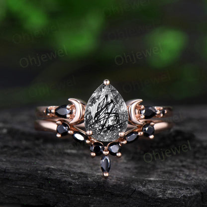 Pear black rutilated quartz engagement ring set 14k rose gold marquise black spinel moon five stone stacking wedding ring set women gemstone