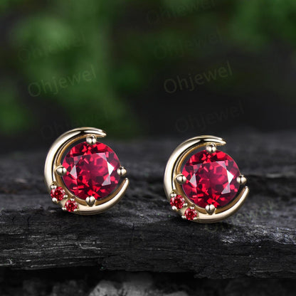 Round cut red ruby moon earrings solid 9k 14k rose gold dainty three stone stud earrings women anniversary gift gemstone