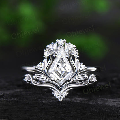 Kite cut moissanite leaf engagement ring set stacking cluster nature inspired diamond promise wedding ring women 14k rose gold gift