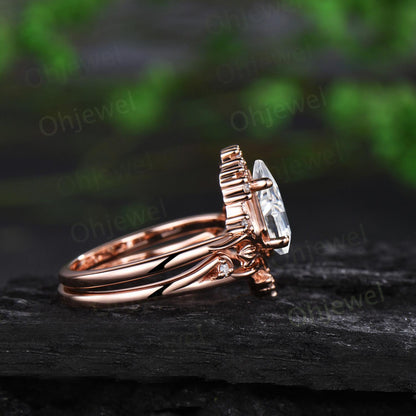 Kite cut moissanite leaf engagement ring set stacking cluster nature inspired diamond promise wedding ring women 14k rose gold gift