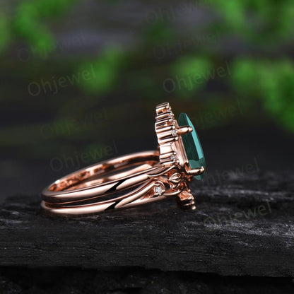 Kite cut emerald leaf engagement ring set stacking cluster nature inspired diamond promise wedding ring women 14k yellow gold gift