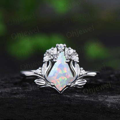 Kite cut white opal leaf engagement ring set stacking cluster nature inspired diamond anniversary wedding ring women 14k rose gold gift