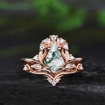 Leaf kite cut moss agate ring vintage 14k rose gold nature inspired engagement ring women diamond unique promise bridal ring set jewelry