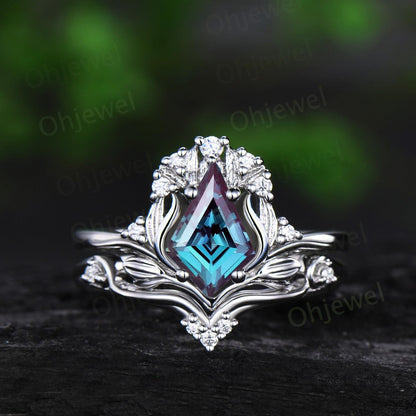 Leaf kite cut alexandrite ring vintage 14k rose gold nature inspired engagement ring women stacking diamond unique bridal ring set jewelry