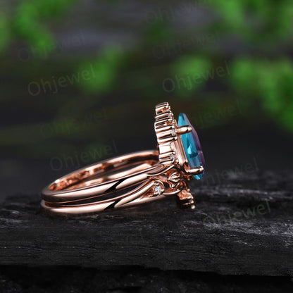 Leaf kite cut alexandrite ring vintage 14k rose gold nature inspired engagement ring women stacking diamond unique bridal ring set jewelry