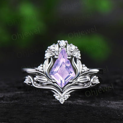 Vintage kite cut Lavender Amethyst engagement ring set solid 14k rose gold leaf cluster diamond anniversary gift crystal ring women