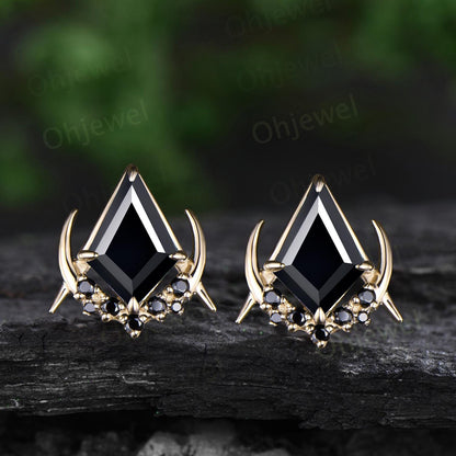 Vintage kite cut black onyx earrings solid 14k 18k rose gold unique moon cluster black spinel stud earrings women wedding anniversary gift