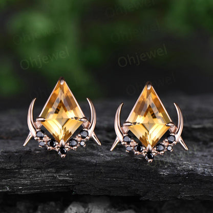 Kite cut yellow citrine moon earrings retro cluster snowdrift black spinel stud earrings women crystal gemstone anniversary gift