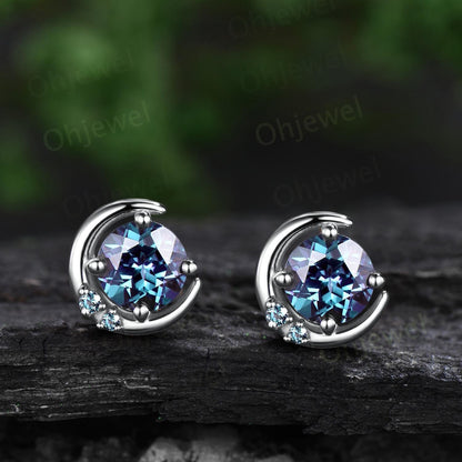 1ct round cut alexandrite moon earrings solid 9k 14k rose gold dainty three stone stud earrings women anniversary gift color change gemstone