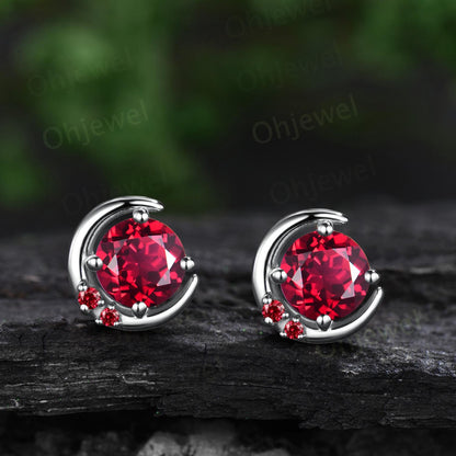Round cut red ruby moon earrings solid 9k 14k rose gold dainty three stone stud earrings women anniversary gift gemstone