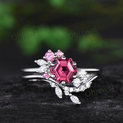 Hexagon cut Pink Tourmaline engagement ring set cluster diamond promise bridal ring set women jewelry 14k white gold