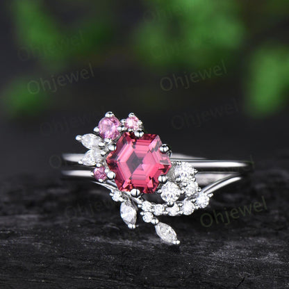 Hexagon cut Pink Tourmaline engagement ring set cluster diamond promise bridal ring set women jewelry 14k white gold