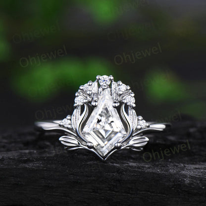Kite cut moissanite leaf engagement ring set stacking cluster nature inspired diamond promise wedding ring women 14k rose gold gift