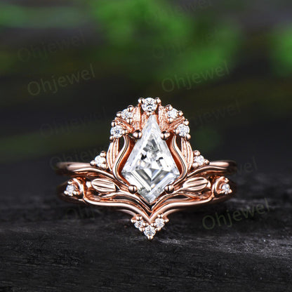 Kite cut moissanite leaf engagement ring set stacking cluster nature inspired diamond promise wedding ring women 14k rose gold gift