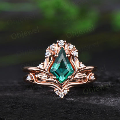 Kite cut emerald leaf engagement ring set stacking cluster nature inspired diamond promise wedding ring women 14k yellow gold gift