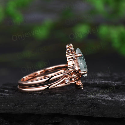 Leaf kite cut moss agate ring vintage 14k rose gold nature inspired engagement ring women diamond unique promise bridal ring set jewelry