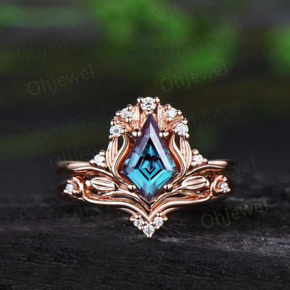 Leaf kite cut alexandrite ring vintage 14k rose gold nature inspired engagement ring women stacking diamond unique bridal ring set jewelry