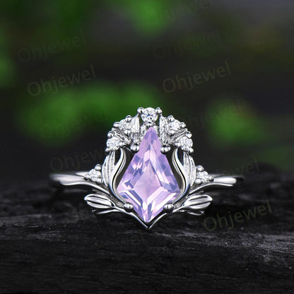 Vintage kite cut Lavender Amethyst engagement ring set solid 14k rose gold leaf cluster diamond anniversary gift crystal ring women