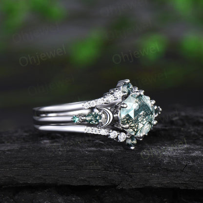 Round cut natural moss agate ring 14k white gold five stone moon unique engagement ring emerald promise ring set women anniversary gift