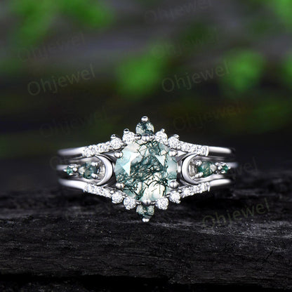 Round cut natural moss agate ring 14k white gold five stone moon unique engagement ring emerald promise ring set women anniversary gift