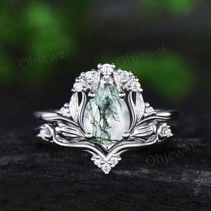 Vintage pear shaped moss agate leaf engagement ring set 14k rose gold cluster diamond nature inspired unique wedding ring women gift