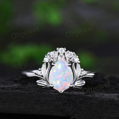 Teardrop white opal leaf engagement ring set solid 14k rose gold stacking cluster nature inspired diamond unique anniversary gift