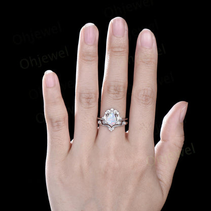 Teardrop white opal leaf engagement ring set solid 14k rose gold stacking cluster nature inspired diamond unique anniversary gift