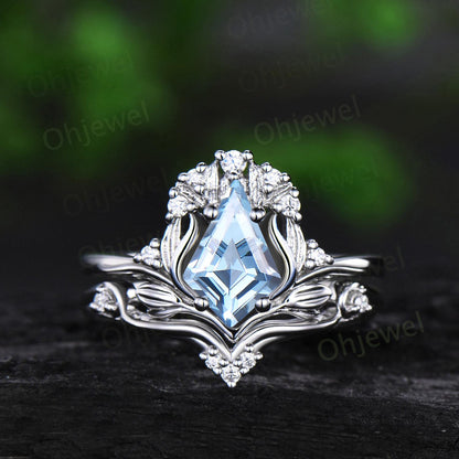Kite cut aquamarine ring vintage nature inspired leaf unique engagement ring set rose gold cluster diamond bridal set women
