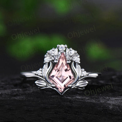 Kite cut morganite ring vintage nature inspired leaf unique engagement ring set rose gold cluster diamond promise bridal set women