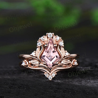 Kite cut morganite ring vintage nature inspired leaf unique engagement ring set rose gold cluster diamond promise bridal set women