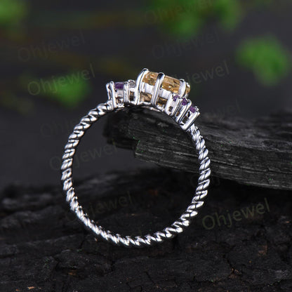 Hexagon cut yellow citrine engagement ring rope wrapping cluster amethyst moissanite wedding ring women solid white gold anniversary gift