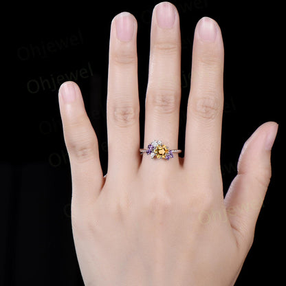 Hexagon cut yellow citrine engagement ring rope wrapping cluster amethyst moissanite wedding ring women solid white gold anniversary gift