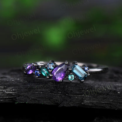 Dainty pear amethyst wedding band 14k black gold Baguette alexandrite ring women emerald sapphire topaz multi-stone rings anniversary gift