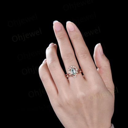 Vintage pear shaped moss agate leaf engagement ring set 14k rose gold cluster diamond nature inspired unique wedding ring women gift