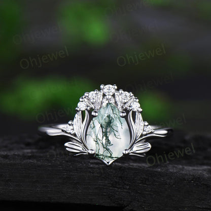 Vintage pear shaped moss agate leaf engagement ring set 14k rose gold cluster diamond nature inspired unique wedding ring women gift