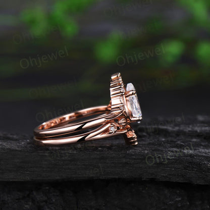 Pear cut moissanite leaf engagement ring set stacking cluster nature inspired diamond promise ring women 14k rose gold gift