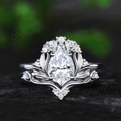 Pear cut moissanite leaf engagement ring set stacking cluster nature inspired diamond promise ring women 14k rose gold gift