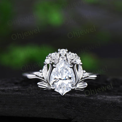 Pear cut moissanite leaf engagement ring set stacking cluster nature inspired diamond promise ring women 14k rose gold gift