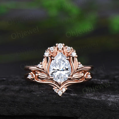 Pear cut moissanite leaf engagement ring set stacking cluster nature inspired diamond promise ring women 14k rose gold gift